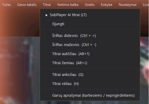 SubPlayer Titrai meniu: šrifto dydis, pozicija, laiko poslinkis (G/H) ir garsų aprašymai